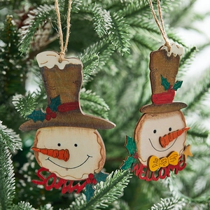 Set of two 12cm hand-painted wooden snowman ornaments with Snow and Welcome signs