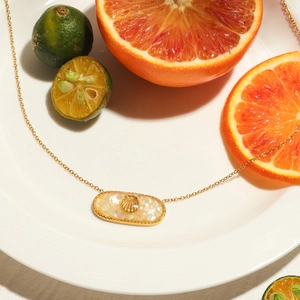 Detailed macro view of 18K gold stainless steel shell necklace with mother-of-pearl pendant