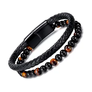 Men Double Layer Bracelet Braided Synthetic Leather Tiger Eye Black Agate Beads Magnetic Stainless Steel Buckle Retro Punk