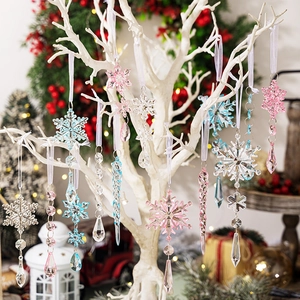 5pcs acrylic colorful Christmas snowflakes and icicle ornaments hanging on white branches