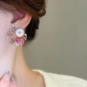 Sweet floral stud earrings with three-color resin flowers and sparkling crystals