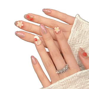 3D strawberry hand-painted press-on nails with floral accents and aurora finish