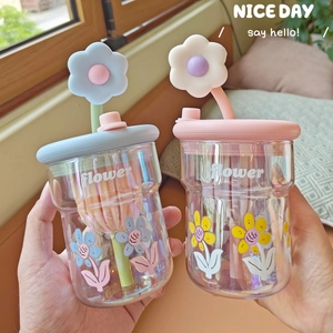 Tasse À Eau En Verre Borosilicaté Avec Paille Couvercle Motif Fleur Mignon Bouteille De Boisson Esthétique Résistante À La Chaleur Pour Femmes Filles