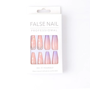 Long ballet purple ombre fake nails set with sequin butterflies and delicate rhinestones