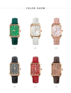 Color options of square quartz watches with crocodile texture leather straps and rose gold cases