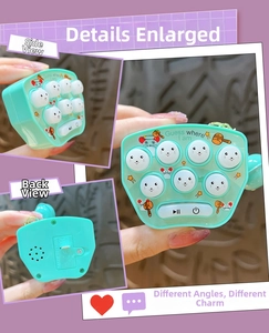 Detailed views of mint green mini whack-a-mole toy with silicone buttons and battery slot