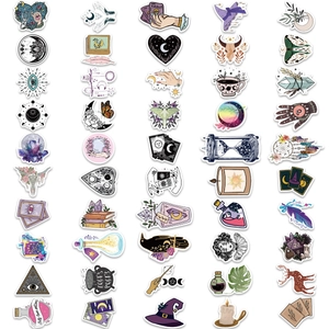 Bohemian witch themed waterproof stickers featuring tarot cards and mystic crystal patterns