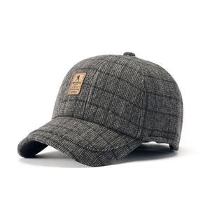 Mens dark grey wool blend baseball cap with plaid pattern and ear protection for winter