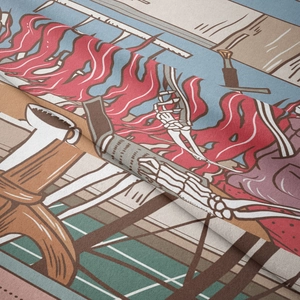 Macro d'un tissu imprimé avec des détails d'art vintage de flammes et d'os blancs