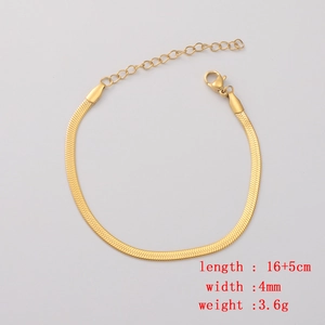 Detail of a 4mm gold flat snake chain bracelet with adjustable lobster clasp closure
