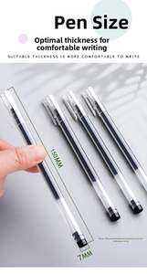Detail showing 150mm length and 7mm diameter of four minimalist 0.5mm black gel pens