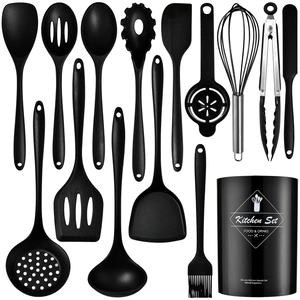14-piece heat-resistant black silicone kitchen utensil set with metal handles and storage bucket