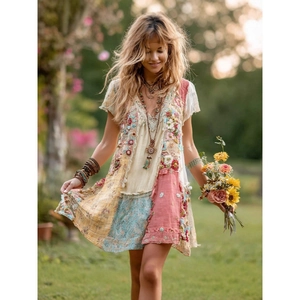 Bohemian floral patchwork maxi dress with embroidery detail in a garden setting