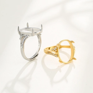 Adjustable S925 sterling silver ring base in gold and silver finish with sparkling stones