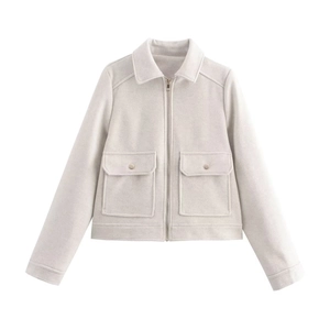 Minimalist beige tweed jacket with zipper closure and large front flap pockets