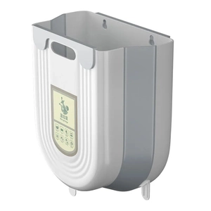 Wall-mounted foldable kitchen trash can in grey and white plastic for wet waste disposal