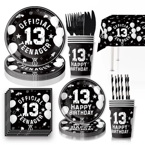 Black 13th Birthday tableware set with plates, cups, and napkins for teenager party