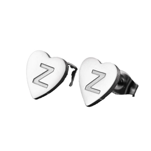 Minimalist stainless steel heart stud earrings with engraved letter Z on silver finish