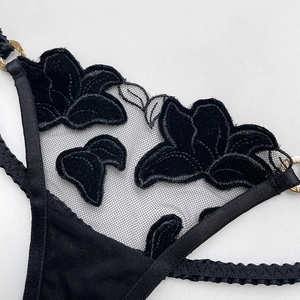 Sexy black mesh thong with velvet flower embroidery and gold metal hardware