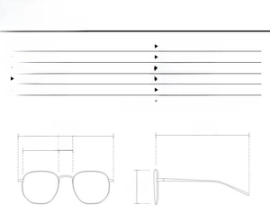 Detailed sizing chart for steampunk polygon sunglasses with frame and lens measurements