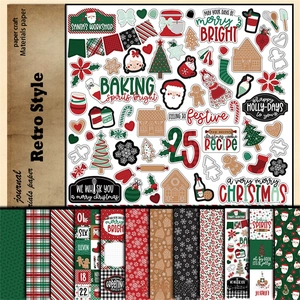 Close-up of vintage Christmas scrapbooking paper with retro Santa and gingerbread patterns