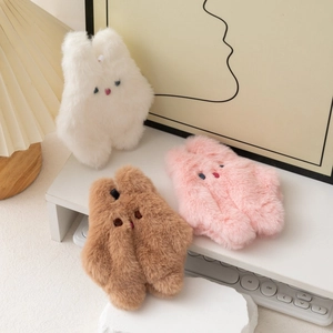 Porte-monnaie lapin en peluche blanc, rose et marron avec broderie et fourrure