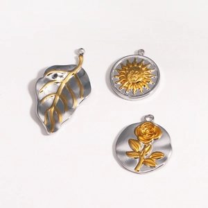 Stainless Steel Pendants Charms Two-Tone Gold Silver Rose Leaf Sun Flower Vintage DIY Jewelry Making Supplies