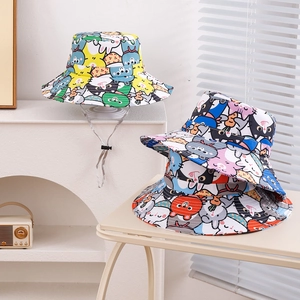 Kids cartoon animal print bucket hat with wide brim and adjustable drawstring strap