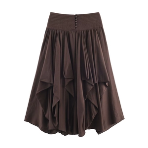Jupe midi marron foncé à taille haute avec plis superposés et boutons à la taille