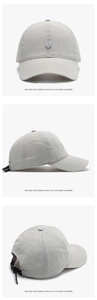 Detailed views of light grey breathable laser-cut mesh baseball cap with shield logo