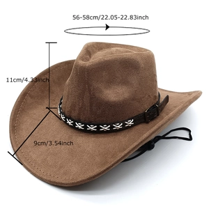 Brown faux suede western cowboy hat with wide brim and adjustable chin strap
