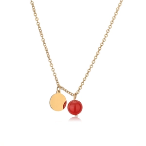 Gold plated stainless steel necklace with round disc pendant and red bead on white base