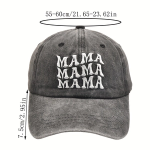 Vintage gray washed denim baseball cap with white MAMA embroidery and adjustable strap