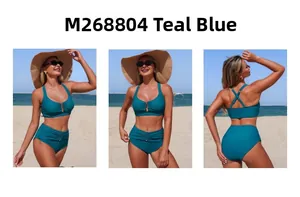 Three-way view of a teal high-waisted bikini with criss-cross halter neck on a beach
