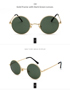 Detail view of retro round sunglasses with gold frame and dark green polarized lenses