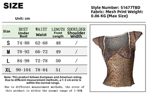 Detailed size chart for the leopard print mesh top with bust and length measurements