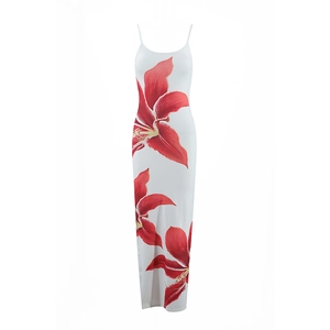 Close-up of the red floral print on the white slim fit maxi camisole dress for women