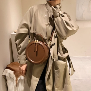 Women Round PU Leather Crossbody Bag With Top Handle Dual Zipper Adjustable Strap Retro Simple Urban Style Handbag