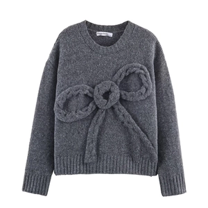 Dark grey knitted sweater with a large 3D bow decoration and ribbed cuffs and hem