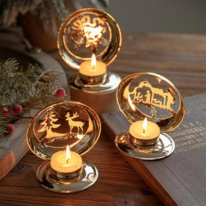 Christmas Candle Holder Gold Metal Hollow Out Reindeer Pine Tree Nativity Scene Desktop Decoration Nordic Style