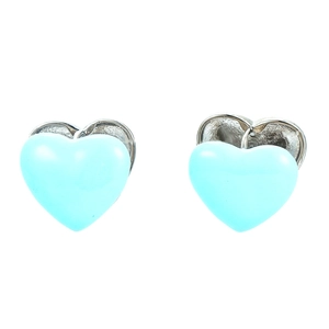 Close-up of sky blue heart-shaped enamel stud earrings with silver metal base