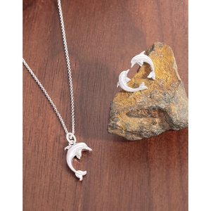 Polished S925 sterling silver dolphin necklace and earrings set on natural stone base