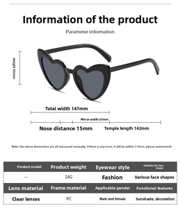 Detailed size chart for heart shaped sunglasses with PC frame and specific dimensions