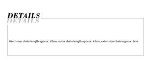 Size chart showing 42cm inner chain, 45cm outer chain, and 5cm extension for layering
