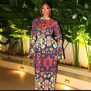 Robe Maxi En Mesh À Imprimé Abstrait Femmes Col Rond Découpe Évasée Manches Trompette Coupe Ajustée Bodycon Sexy