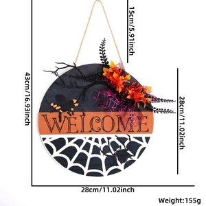 Halloween wooden welcome door wreath with black spiders, maple leaves, and 28cm diameter