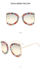 Detailed front and side views of gold oversized sunglasses with rainbow rhinestones