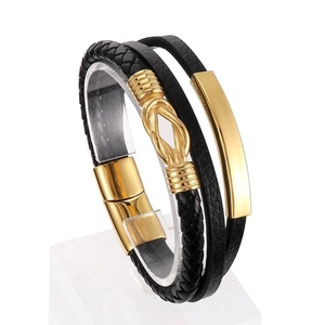 Bracelet multicouche en cuir noir pour homme avec symbole infini et fermoir magnétique doré