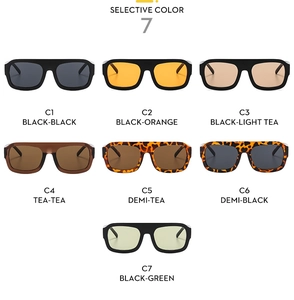 Detailed grid display of square fashion sunglasses in seven assorted frame and lens colors