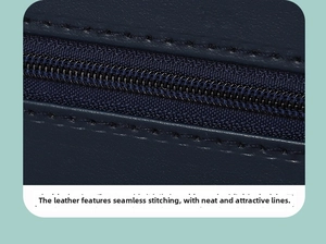 Macro detail of navy PU leather jewelry box featuring neat stitching and a black zipper